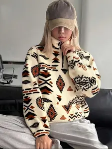 Women's Loose-Fitting Casual Top, Warm & Comfortable Design, Half-Zip Stand Collar, Fruits&vegetable Pattern, Ideal for Home & Outdoor Wear