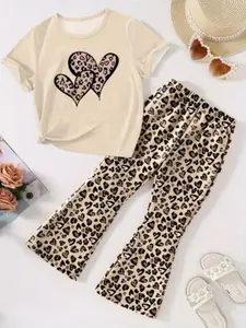 Girls' Casual Leopard Print Heart Round Neck Short Sleeve T-Shirt & Fashion Elastic Waist Bell Pants Set, Perfect for Outdoor Wear