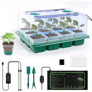 12 Cell Seed Starter Kit with Grow Light and Graphene Heating Mat,  Seed Starter Tray with Higher 4.7"Humidity Domes and Large Clear  Base  Pots
