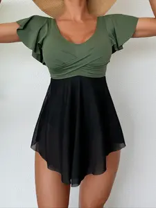 Women's One-Piece Swimsuit, Sexy U-Neck Ruffle Swimwear, Swimdresses, Colorblock Mesh Dress Style Bathing Suit, Summer Casual Beach Wear, Ruffle Hem Swimsuit