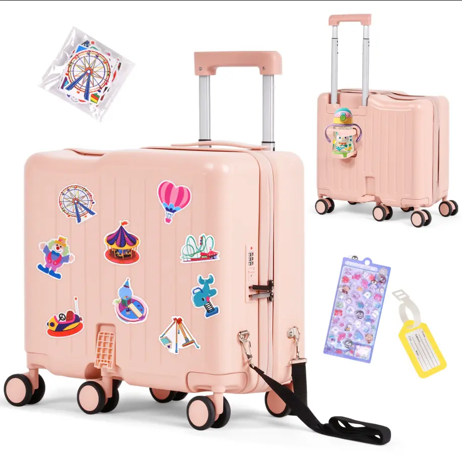 Advwin Ride-On Luggage with Pull Strap, Footrests, Cup Holder, 6 Wheels & Adjustable Handle, 18-Inch Spinner Suitcase with Stickers & Boarding Pass