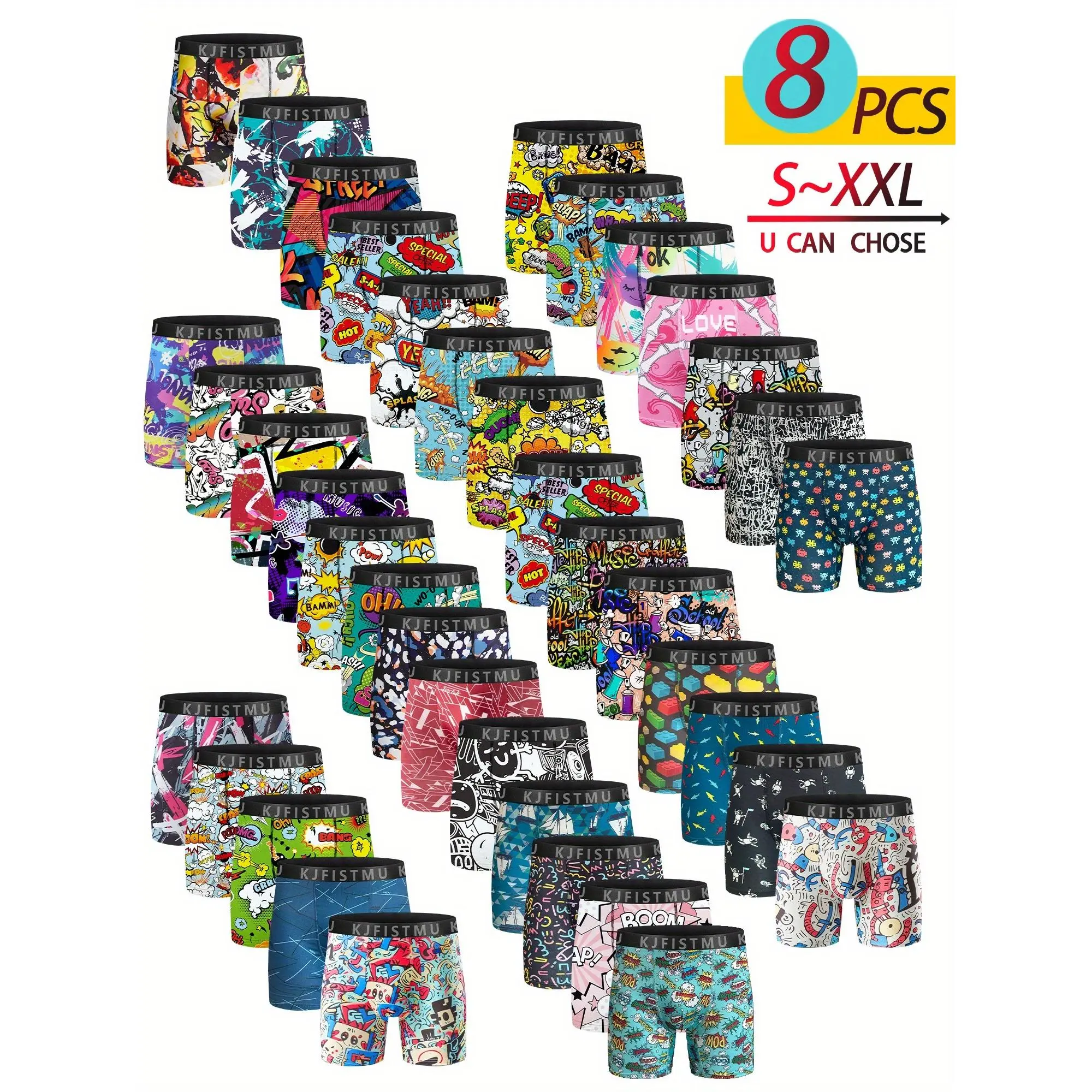 KJFISTMU 8-piece men's boxer briefs set, assorted print pack, Valentine's Day gift for boyfriend, men's long boxer briefs - breathable, colorful graffiti-style print, polyester and spandex blend, opaque geometric patterns, suitable for both men and women