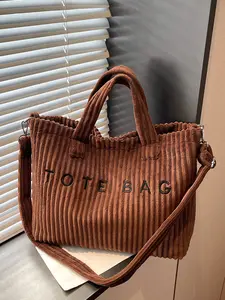 Retro Leisure Letter Embroidery Shoulder Tote Bag, Corduroy Ribbed Texture, Casual Top Handle & Crossbody Bag, Fashion Practical Versatile Tote Bag, Suitable for Daily Commuting, Shopping Dating, Etc., Crossbody Shoulder Handbag