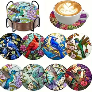 8-Piece Diamond Painting Set with Bracket, Bird-Themed Coaster Set, Dazzling Wooden Mosaic Art Handmade Craft Kit, DIY Kits