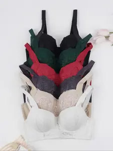 6-Pack Multicolor Floral Lace Chic Push-Up Bras with Steel Ring, Anti-Sagging, Medium Support, Fitted, Unlined, Daily Wear, Home & Office