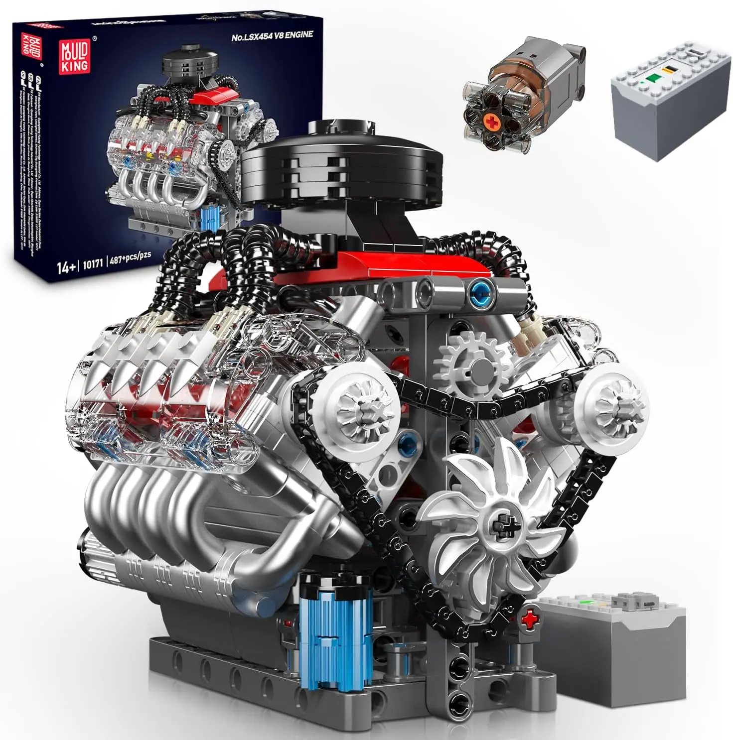 Mould King 10171 Classic V8 Engine Building Block Set - 487 Bricks & Parts, Realistic Working Mini Motor Model, ABS Plastic DIY STEM Project, 6.06 x 5.39 x 4.41 inches, Gift Box Packaging, Unisex Christmas Gift for 12 Years Above