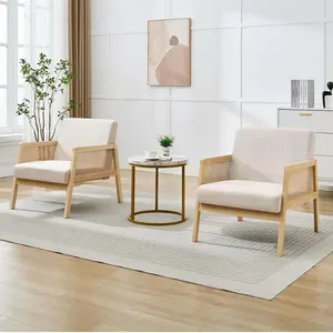 2 Pcs Beige Mid Century Accent Chair,Modern Rattan Living Room Chairs,Linen Fabric Upholstered Lounge Arm Chair,Wood Frame,Reading Armchair for Living Room,Bedroom,Balcony