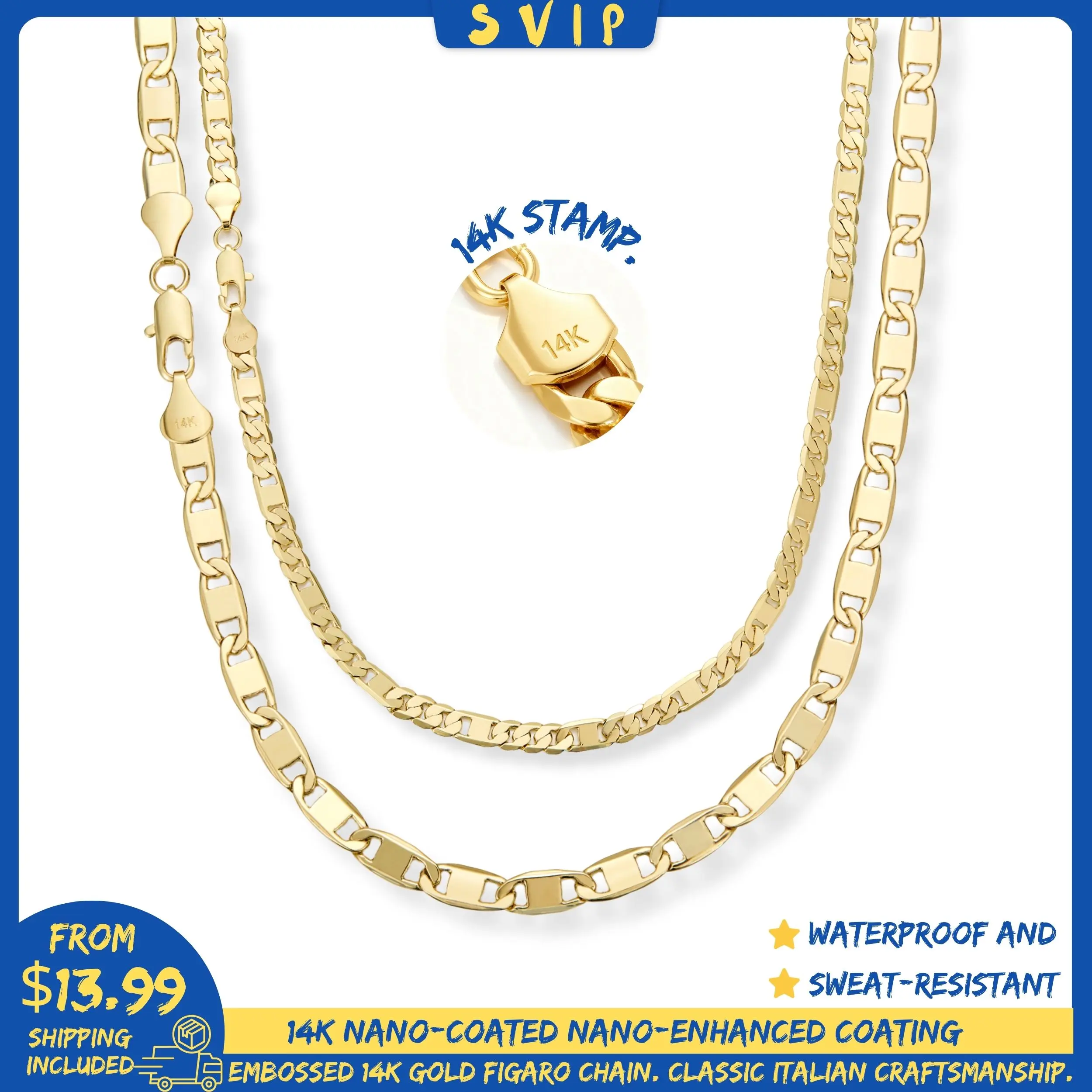 New 14K Gold-Plated Figaro Chain & Italian-Style Cuban Link Necklace for Men – Widths: 3mm/5mm/6mm/8mm, Lengths: 20"/24", Tarnish-Free Nano Coating, Hip-Hop & Everyday Layering Jewelry neck