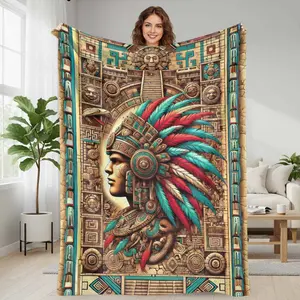 Aztec Warrior Flannel Blanket Tribal Feather Headdress and Temple Pattern Soft Warm Lightweight Cozy for Sofa Bedroom Office Travel Gifts