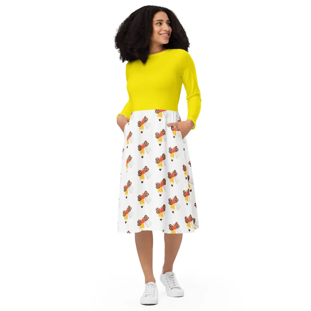Pencil Print Bow Pencil Midi Dress, Back to School Teacher Print Long Sleeve Dress, Yellow White Contrast Skater Dress, A-Line Dress with Pockets, Trendy Fall Dress, Casual Everyday Outfit, Gift for Her