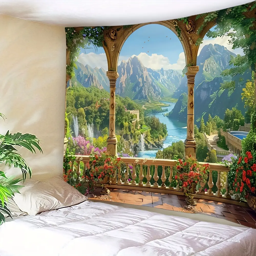 1-Piece Green Landscape Wall Tapestry with Floral Designs, No-Installation Home Decor for Bedroom, Living Room, One-Piece