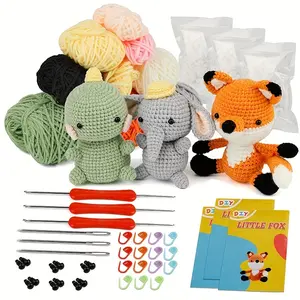 3pcs DIY Crochet Animal Kit, Fox Plush Doll, Elephant Plush Doll, Dinosauria Plush Doll,Clear Easy To Follow Instructions For Starter Includes Enough Yarn Hook Accessories