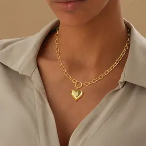 VENOCO Heart Gold Necklace for Women Chunky Gold Necklace Trendy 14k Real Gold/Silver Plated Pendant Charm Toggle Clasp Gold Necklace Waterproof Statement Thick Chain Link Necklace Gold Jewelry for Women Gift