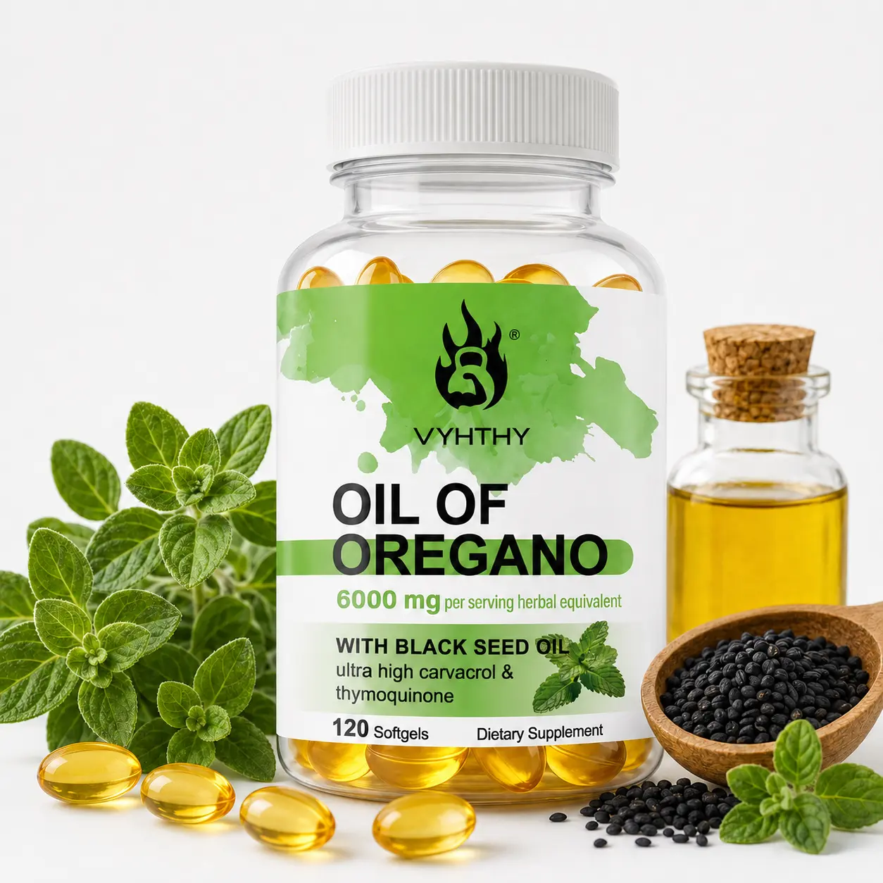VYHTHY Natural Oil of Oregano & Black Seed Oil 6000mg Botanical Supplement - High Potency Carvacrol, Thymoquinone Complex, Gluten-Free, Dairy-Free, Non-GMO Softgels for Immune Support, Gut Health (Youth Herbs Blend)