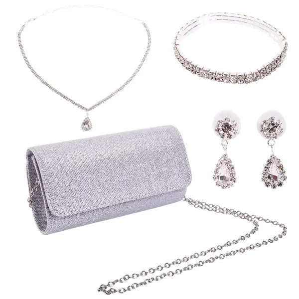 Women's 4-Piece Silver Evening Clutch and Jewelry Set with Rhinestones, Includes Necklace, Earrings & Bracelet for Wedding, Dance Party, Mother's Day or Valentine's Day Gift, Adults, 4Pcs, Birthday, Female
