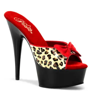 Delight-601-6 Leopard Print 6 Inch Stiletto Heel Women's Fashionable Slip-On Shoes with Red Bow & Black Platform