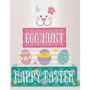 Easter Decorations, 4 Pcs Wooden Easter Table Decorations, Cute Bunny Tiered Tray Decor, Wooden Table Sign for Desk Shelf Mantel Coffee Bar, Indoor Home Decor