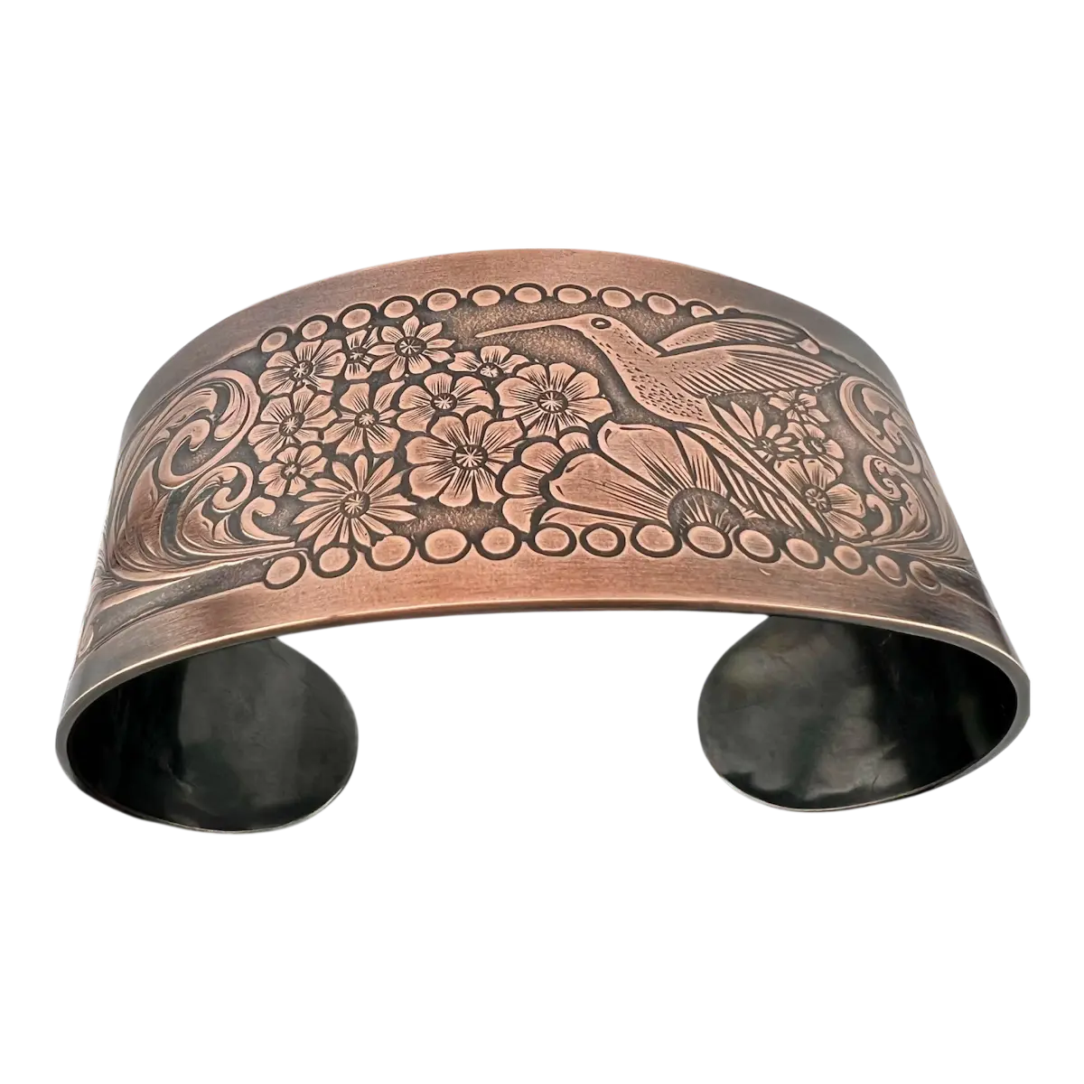 Artisan Solid Copper Cuff Bracelet for Women, Handmade Wide Statement Band with Hummingbird & Flower Art, Patina Finish - 7 3/8 in, Bird, 7 3/8 Inches, Collectibles, Detailed Art
