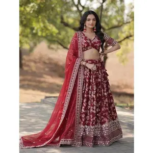 FASHIONABLE VISCOSE JACQUARD EMBROIDERED SEQUENCE WORK LEHENGA CHOLI WITH DUPATTA RED READY TO WEAR