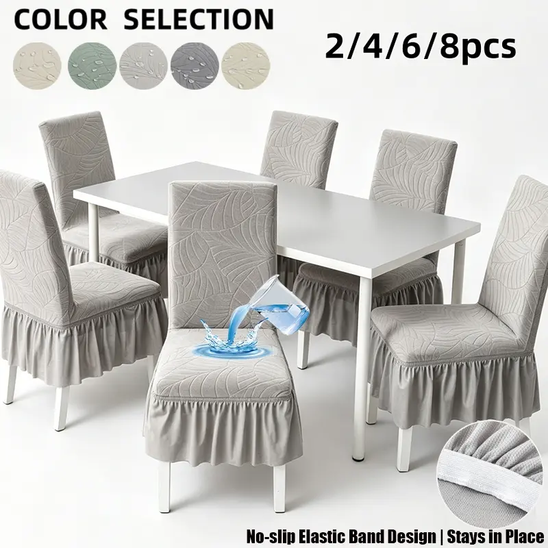 Dining Chair Cover 4pcs Chair Covers for Dining Chairs Jacquard Chair Cover for Dining Room Wedding Banquet Chair Protector Leaf Pattern Slipcover for Chair Seat Backrest for Dining Room Dining Chair Slipcovers(light grey with Skirt,2/4/6/8pcs)