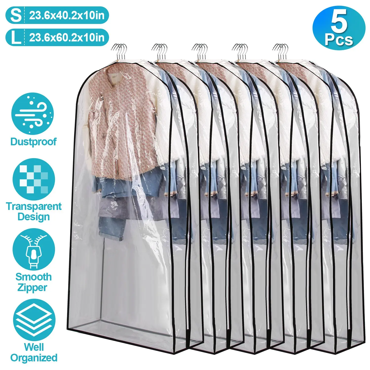 5 Pack 60In Garment Bag for Hanging Clothes Dustproof Waterproof Hanging Clothes Storage Bag Clear Transparent Suits Cover for Sweater Jacket Coat Dress Shirt