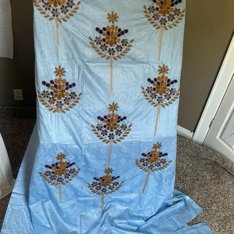 Getzner Blue Flower Platinum Magnum Fabric with Pearls - Elegant Design, Gold and blue Floral Patterns, Gold Accents
