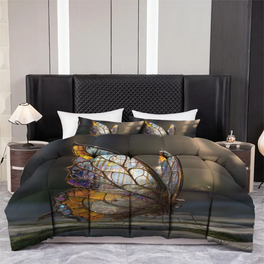 3pcs (1 comforter + 2 pillowcases) Stained Glass Butterfly Bedding Set Vibrant Colorful All-Season Soft Cozy Lightweight Hypoallergenic Fade Wrinkle Resistant Durable Easy Care Queen/King/Full Size for Bedroom Decor