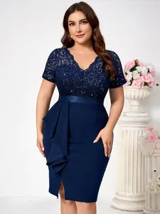 【Plus Size】MISSMAY YP54229 Women's Plus Size Chic Formal Wear Bodycon Dress, Sequin Lace Pleated Short-Sleeve V-Neck, Floral Fabric with Zipper, Lightweight for Cocktail Parties