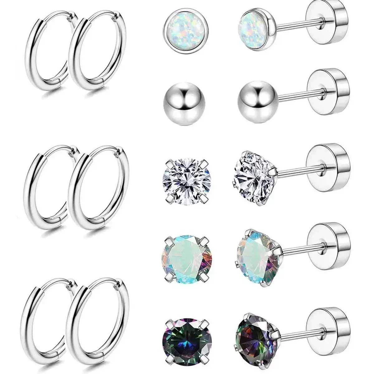 Oufer 16PCS Stainless Steel Earrings Pack with 8 Hoops and 10 Studs Gift For Valentine's Day Oufer 16PCS Stainless Steel Earrings Pack with 8 Hoops and 10 Studs Gift For Valentine's Day