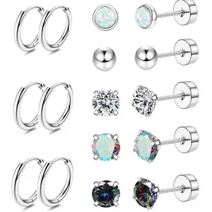 Oufer 16PCS Stainless Steel Earrings Pack with 8 Hoops and 10 Studs Gift For Valentine's Day