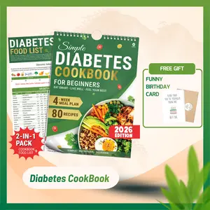 [Gift] Diabetes Cookbook & Meal Planner 2026 - 80 Recipes, 4-Week Plan, Laminated Flip Chart + Food List, 2-in-1 Pack, Low-GI Food List, Wipe-Clean Pages