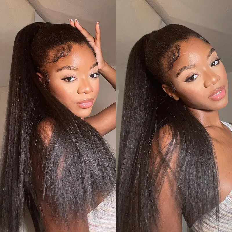 ISEE HAIR Kinky Straight Water Wave  Ponytail Human Hair Glueless InvisiFit Strap Natural Look Easy Install Drawstring Ponytail Wig