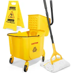 38 Qt Mop with Side Press Wringer on Wheels and Mops Set for,Including 1 Industrial Mop and Wet Sign,Yellow,