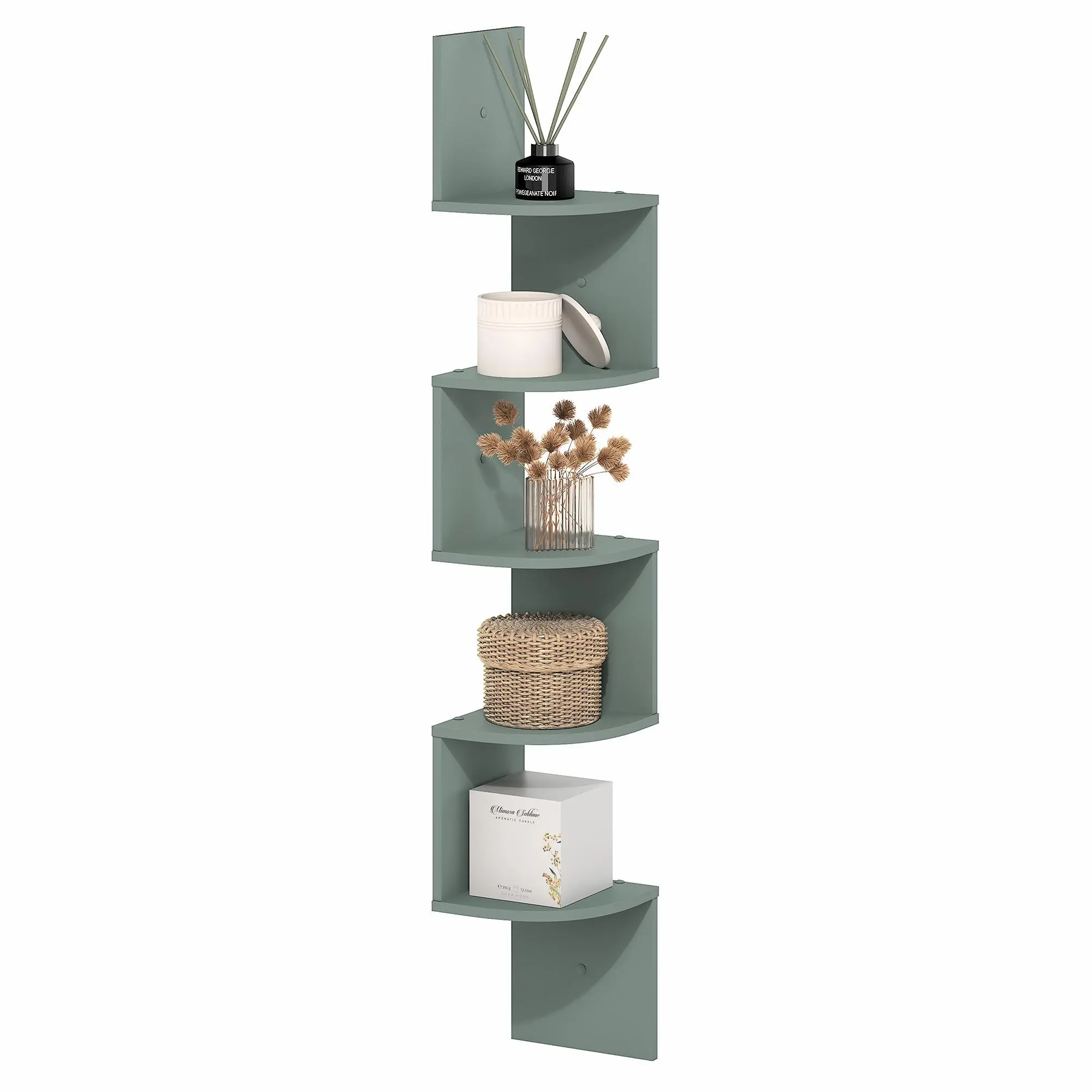 ROSSI Floating Book Shelves for Wall, 5-Tier Zigzag Corner Shelf Wall Mounted, Radial Corner Wall Shelf, for Living Room, Bedroom, Bathroom, Home Office, Sage Green