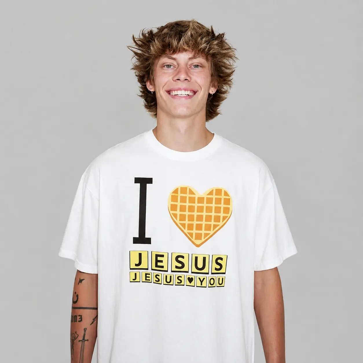 I Love Jesus Jesus Loves You Waffle Graphic Tee, Christian Inspirational T-Shirt, Unisex  Casual TikTok Viral