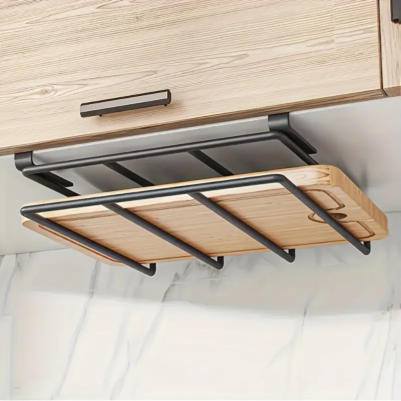 Black Metal No-Drill Under Cabinet Cutting Board Hanger, Heavy-Duty Carbon Steel Rustproof Home Organizer, Space-Saving Undershelf Storage Rack for Cutting Boards & Pot Lids (Box Pack, House Organizers Accessory)