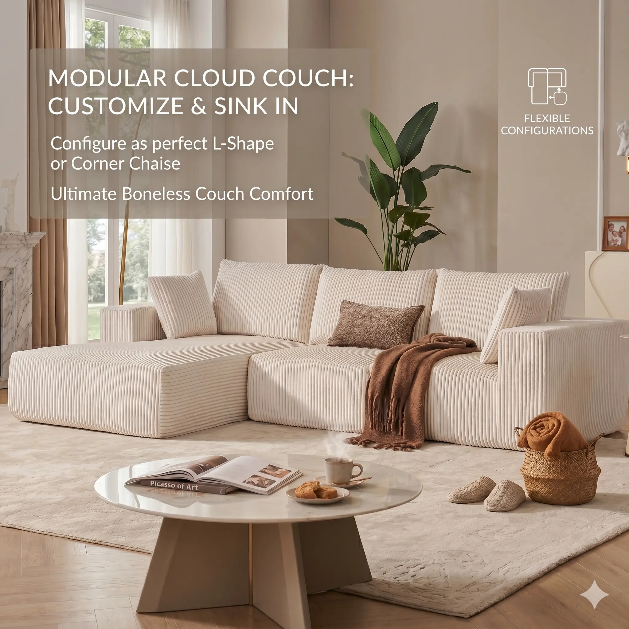Garvee 108" Modular Cloud Sectional Couch with Chaise | Fluffy Compressed L Shaped Sofa for Living Room | Boneless Couch & Sofa Bed Design,No Assembly Required
