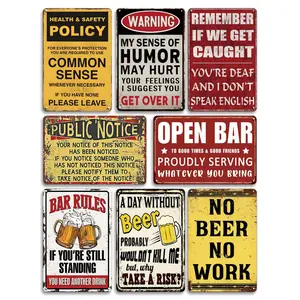 8 Pcs Metal Signs For Bar "Common Sense, Bar Rules" Tin Plate Painting Decorative Signs & Plaques, 8x12-Inch Rectangle Wall Art Decoration Posters For Man Cave, Home, Bedroom, Living Room, Garage, Pub, Bar Art Decoration Vintage Decor