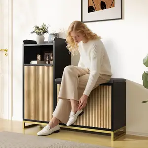 Vividwood L-Shaped Shoe Storage Bench with Cushioned Seat & 2 Flip Drawer, 39'' Entryway Bench with Wave Door & Adjustable Shelves, Farmhouse Bench Cabinet for Entryway, Hallway, Living Room