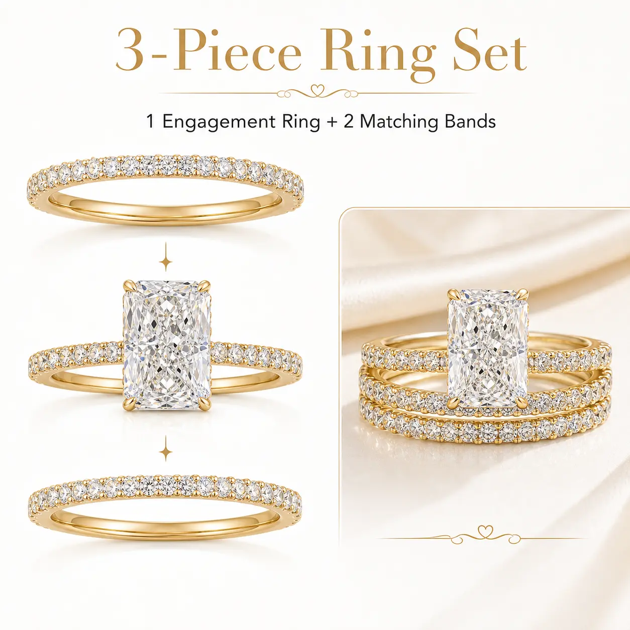 UURiel Bridal Ring Set for Women, 3 Piece Wedding Ring Set, Radiant Cut Engagement Ring with 2 Stackable Wedding Bands, Statement Promise Ring for Engagement, Wedding, Anniversary