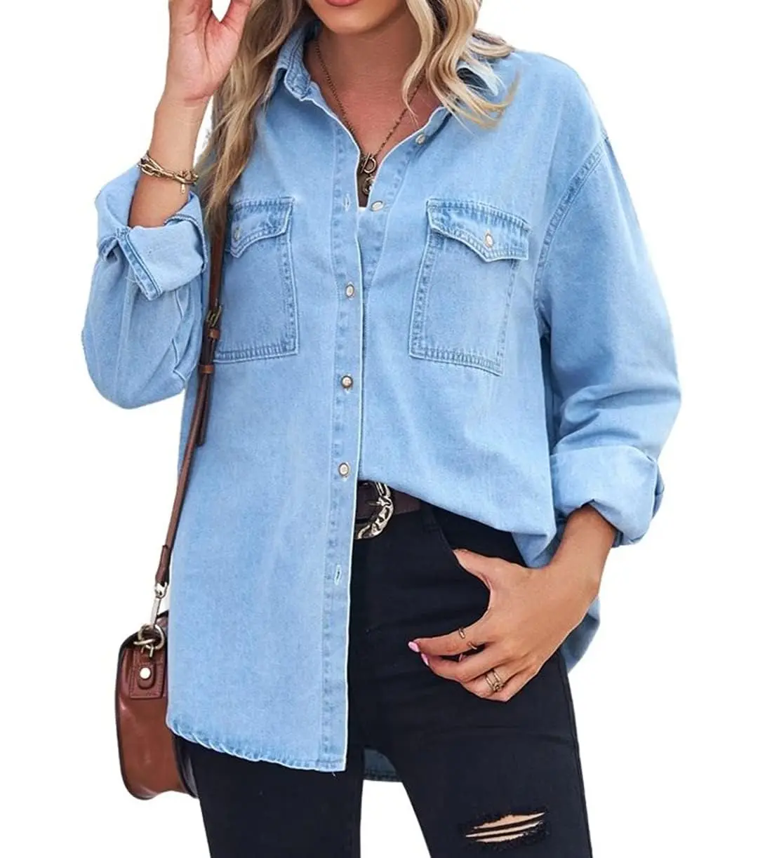 Ebossy Women's Spring Long Sleeve Denim Jean Shirts Button Down Shirt Business Casual Tops Blue Womenswear,clothes for back to school,first day of school outfits