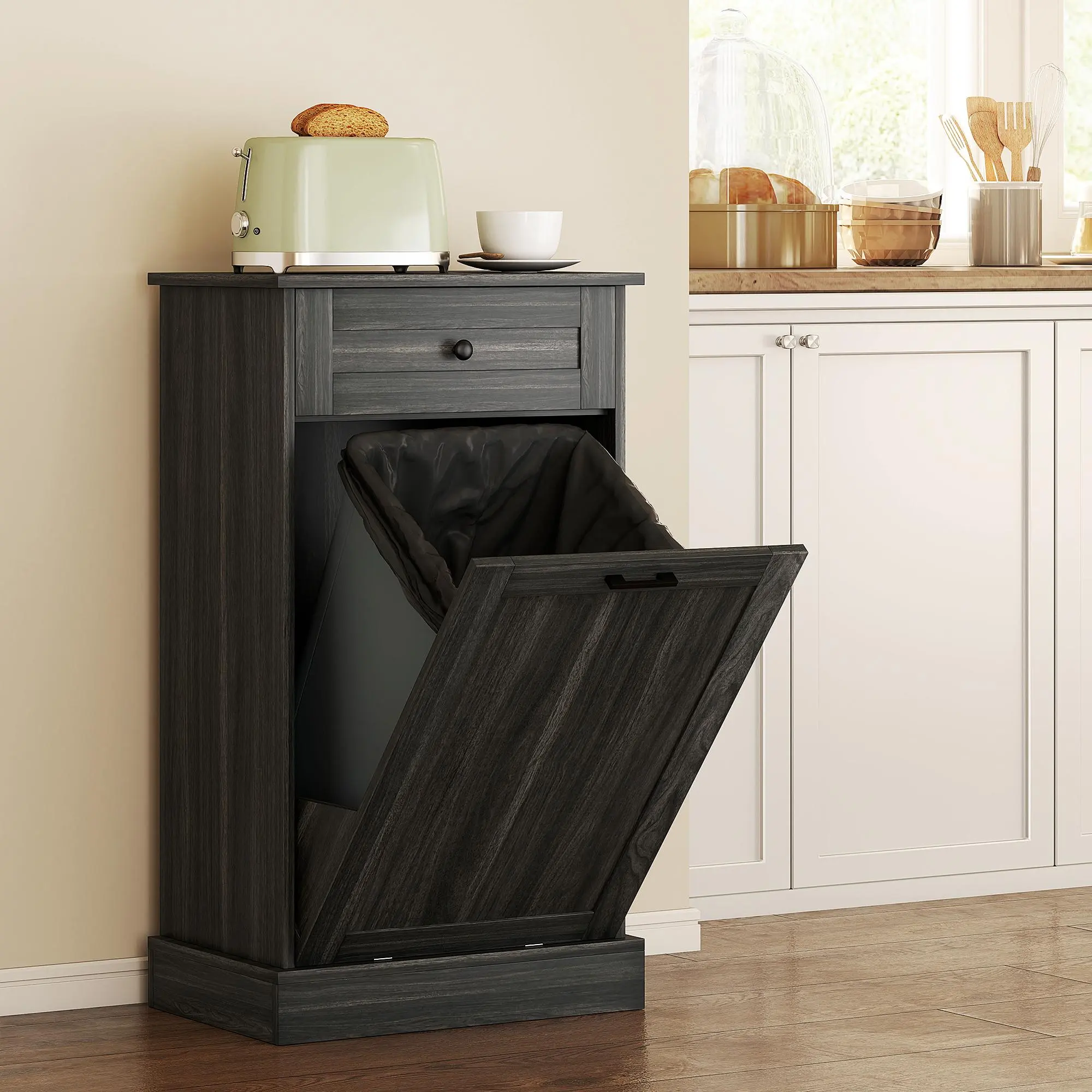 20-In Wide Freestanding Child-Friendly Storage Cabinet with Anti-Tip Attachment for Child Safety, Dark Exterior Cabinets, Entryway Use, Top Shelf for Microwave or Coffee Machine, Child-Friendly Cabinets