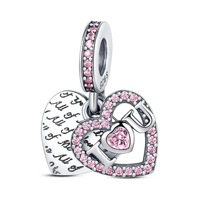 MULA S925 Silver Plated Pink Heart Charm, Double Layer Romantic "I Love You" Engraved Pendant with Micro CZ, Couple Anniversary Jewelry for Pandora Bracelets & Necklaces, Perfect Valentines Birthday Gift for Wife Girlfriend Daughter