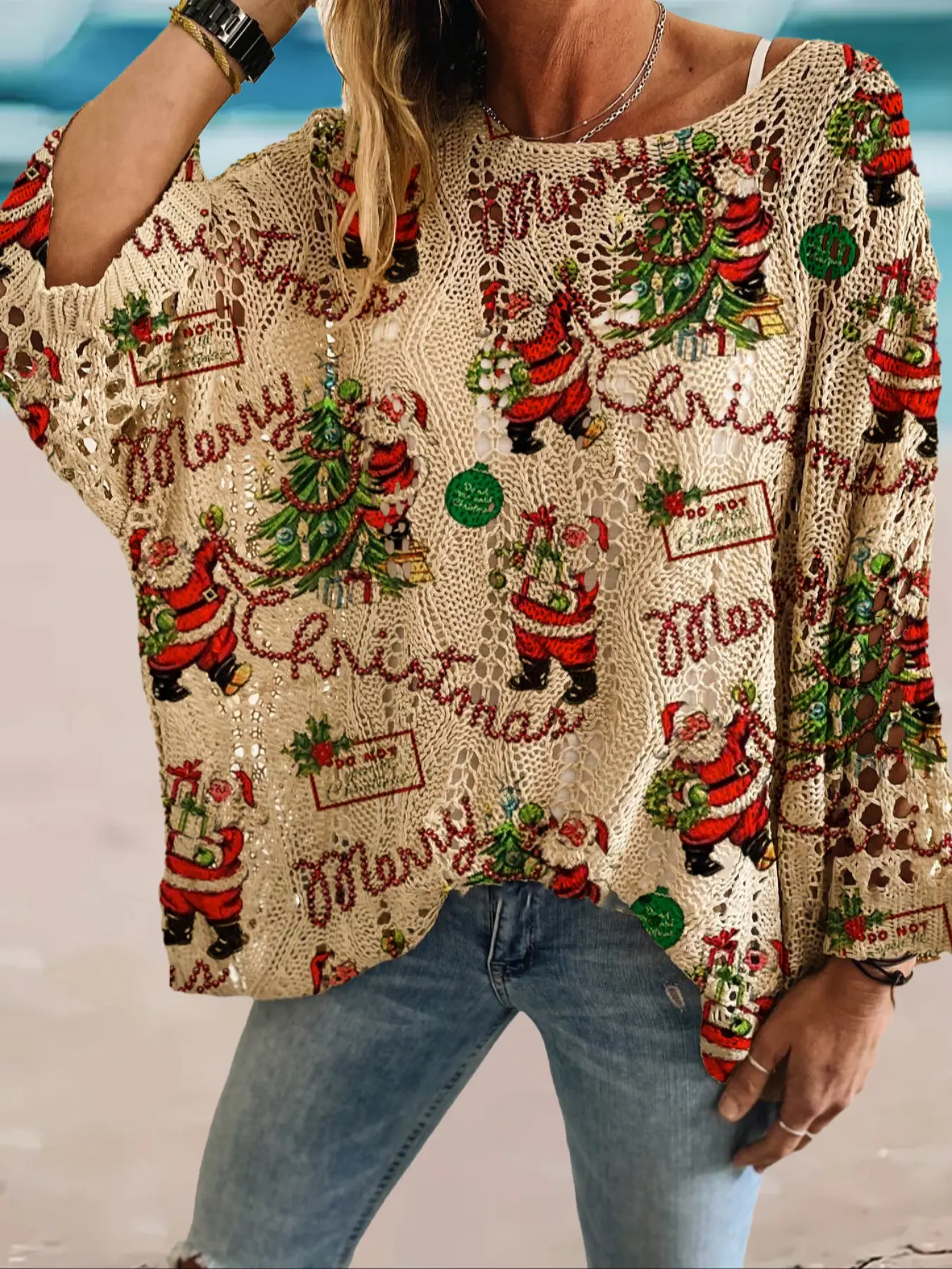 Women's Christmas Santa Print Long Sleeve Knit Top, Casual Elegant Holiday Style Sweater, Loose Batwing Shoulders, Fall & Winter Fashion, Knitwear
