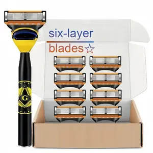 New Men's Manual Safety Razor, 6 Layer Stainless Steel Blades, 1 Handle + 24-32 Blades, Replaceable Heads, Washable, Ideal Shaving Choice