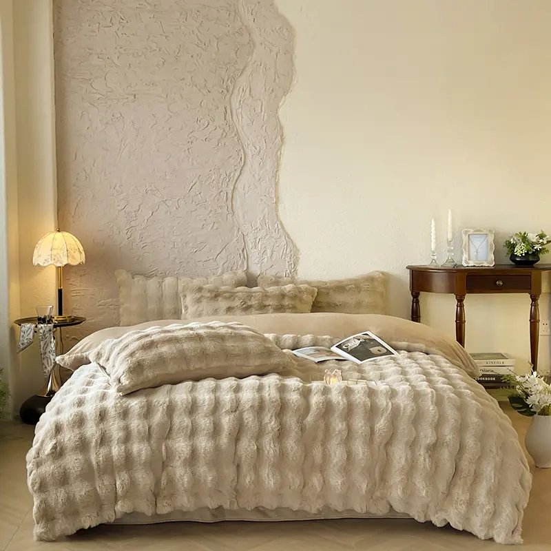 Wonderful 3 Pieces Fluffy Faux Rabbit Fur Bubble Comforter Set, Fluffy Khaki Comforter Cover Queen Set, Warm Soft Bubble Comforter Bedding Set, Decorative Cozy Bedding Set for Winter, Comfy Bedding Sets(Comforter x 1 Pillowcases x 2,No Fillers)