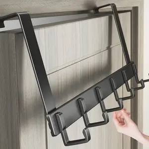 Aluminium Over-the-Door Coat Hook Rack - Matt Black-5Hook, Lightweight, Rust-Resistant, Stable Drill-Free Hangable Home Organizer, 10 - 15 Kg Load Capacity, Ideal for Hallways, Bathrooms