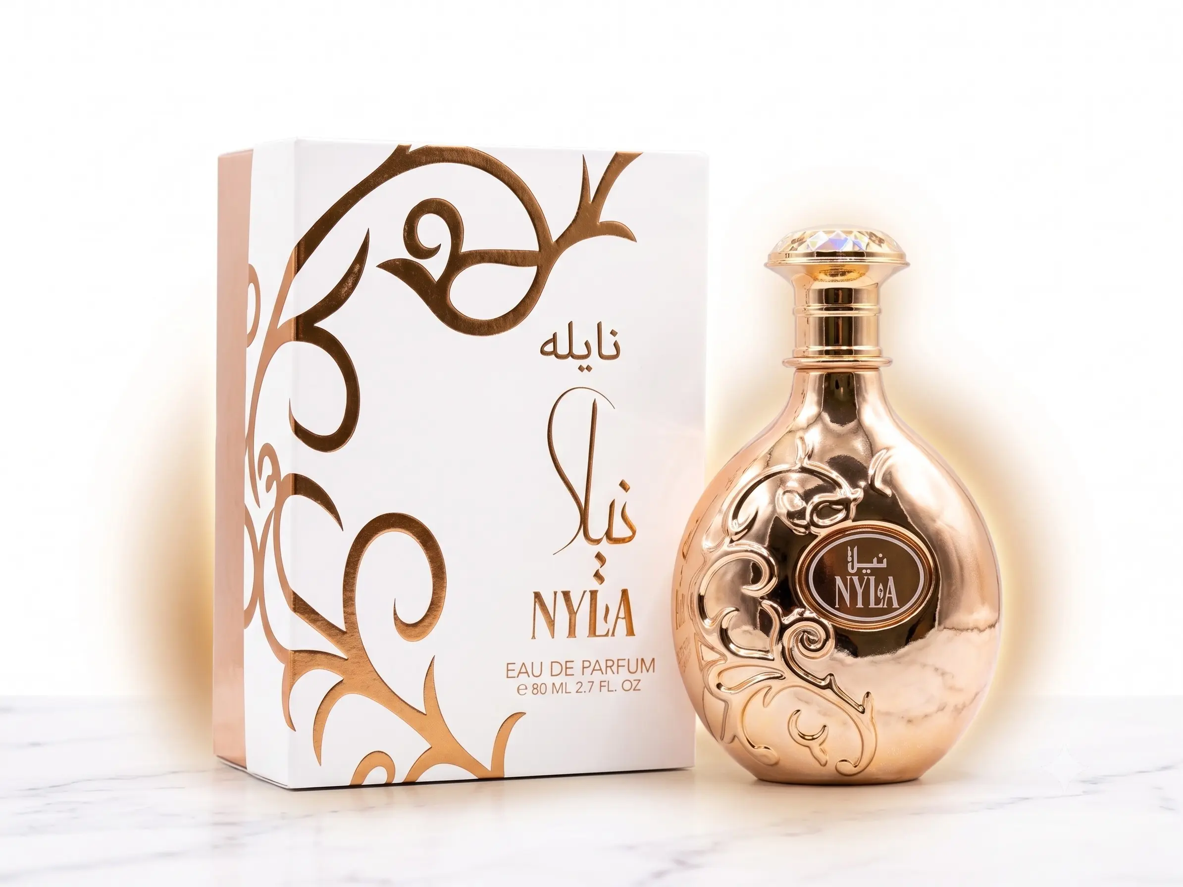 Nyla Inspired Perfume 80ml - Long Lasting Floral Woody Fragrance, Luxury Rose Gold Metallic Bottle, Elegant Middle Eastern Scent 2.7oz