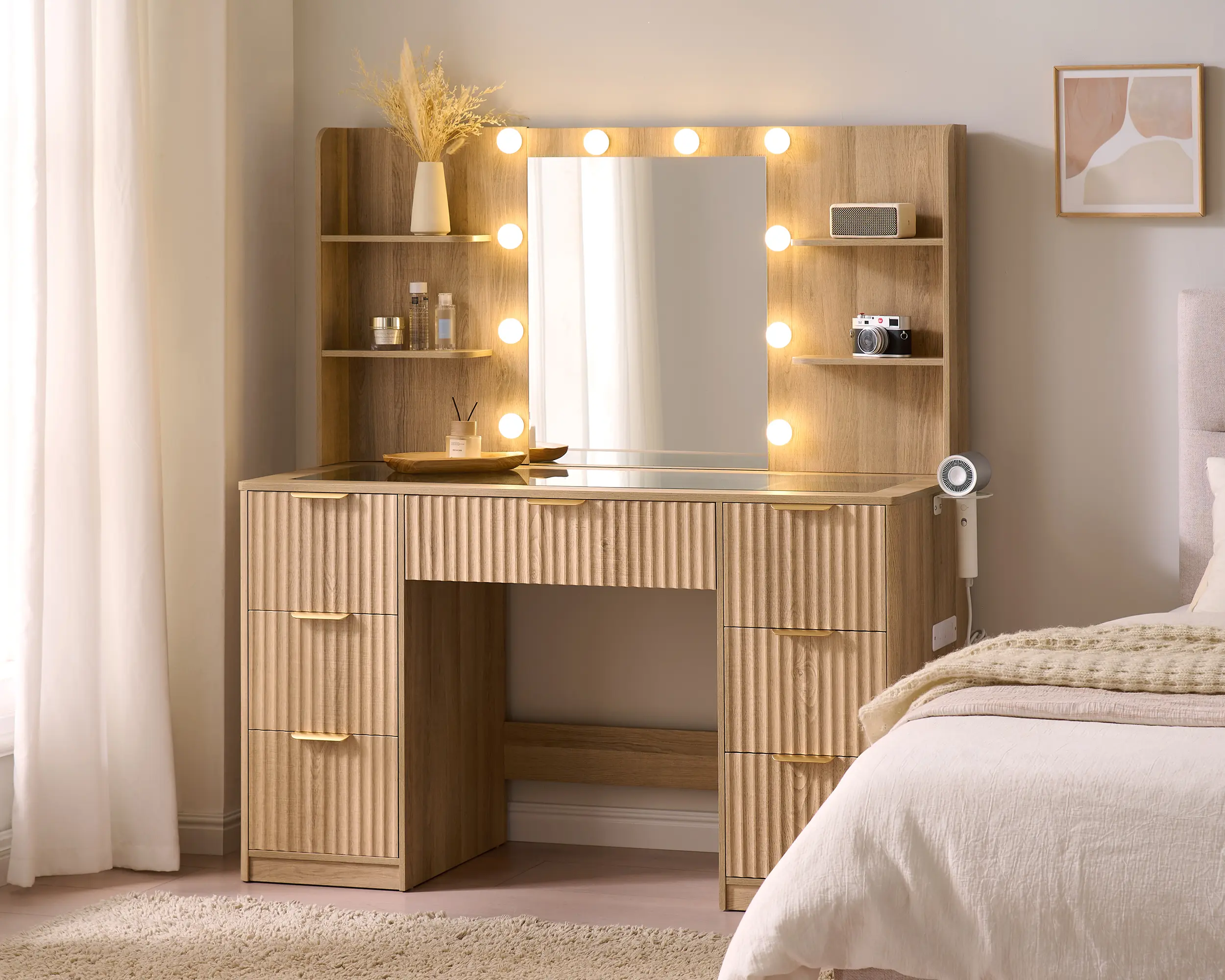 [Summergarden][Fathersdaygift] AMERLIFE 36.2/47.2" Fluted Vanity Desk with Mirror and Adjustable LED Lights, Large 4/7 Drawers Makeup Table with Glass Top and Charging Station for Women and Girls, Bedroom or Dorm/Best Gift Ideas/Christmas Gifts