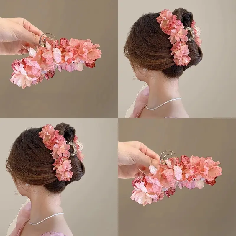 Elegant Hair Claw Clip for Female, Large 13cm Chinese-Inspired Floral Print Accessory in Deep Pink for Spring and Everyday Use